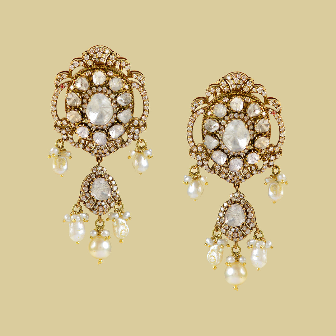 Victorian Gold Polki Hanging Earrings - Krishna Jewellers Pearls and Gems