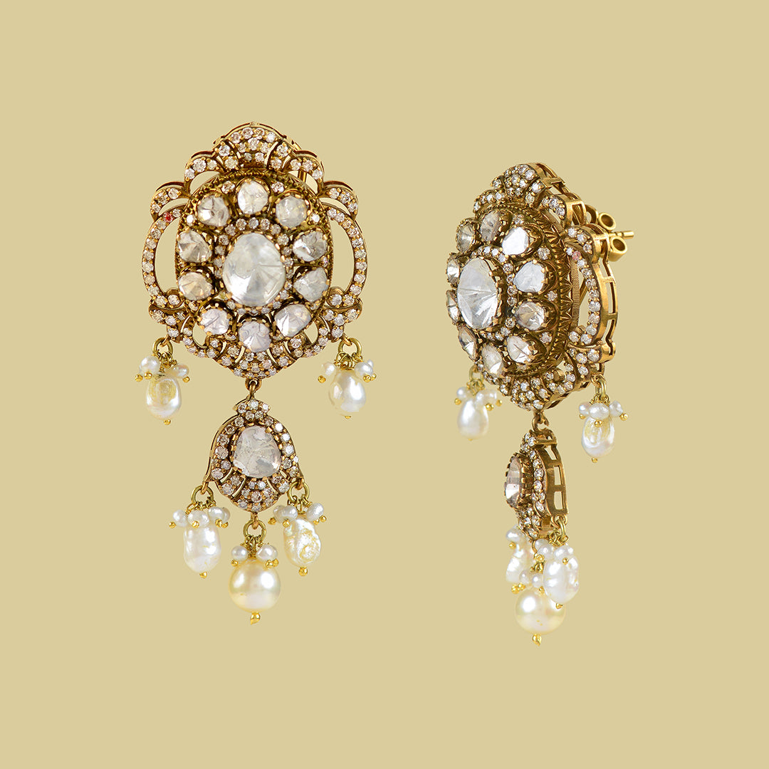 Victorian Gold Polki Hanging Earrings - Krishna Jewellers Pearls and Gems