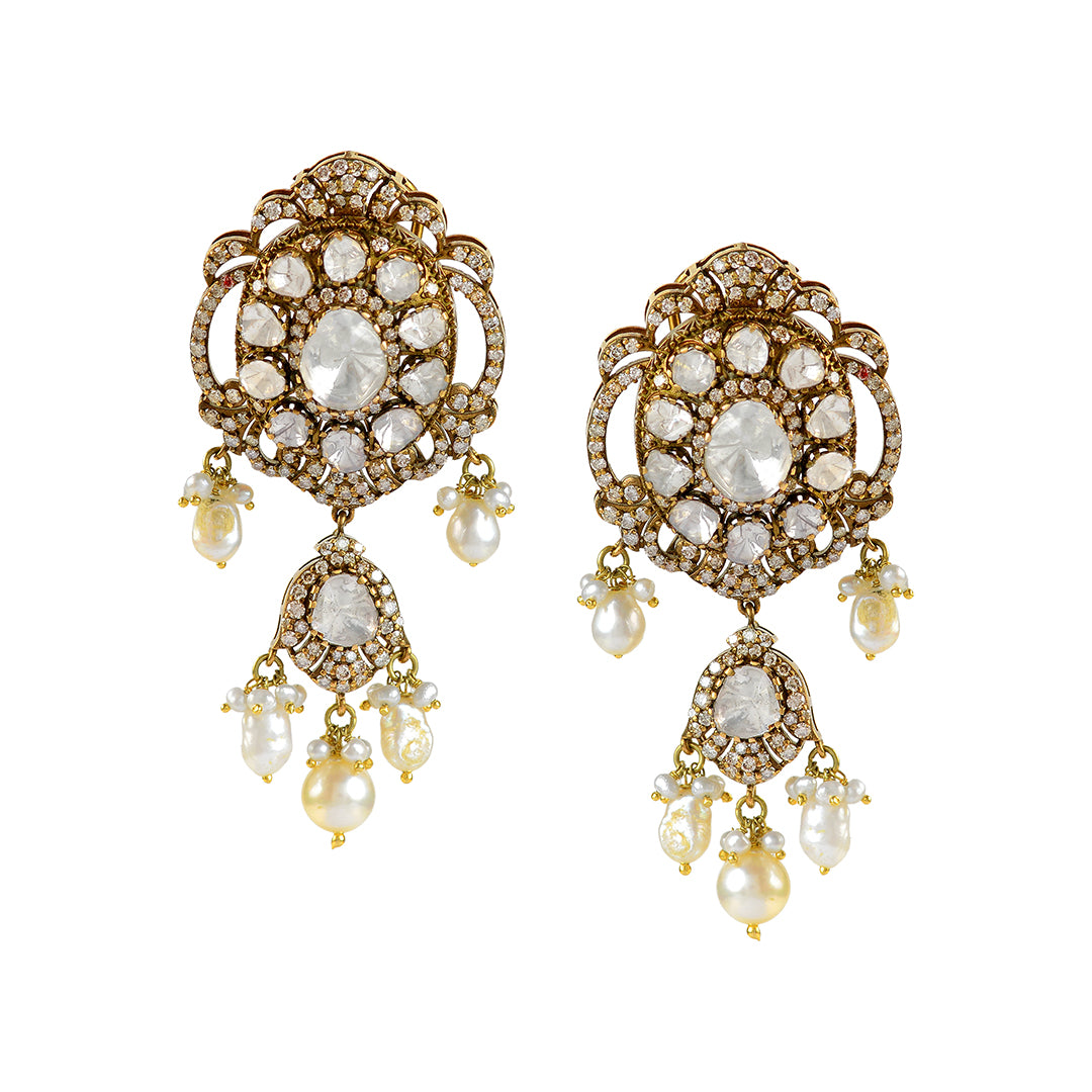 Victorian Gold Polki Hanging Earrings - Krishna Jewellers Pearls and Gems