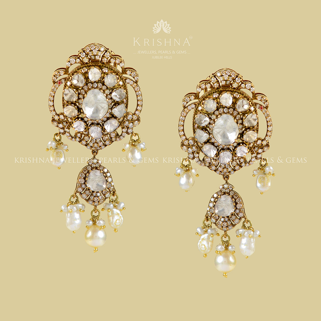 Victorian Gold Polki Hanging Earrings - Krishna Jewellers Pearls and Gems