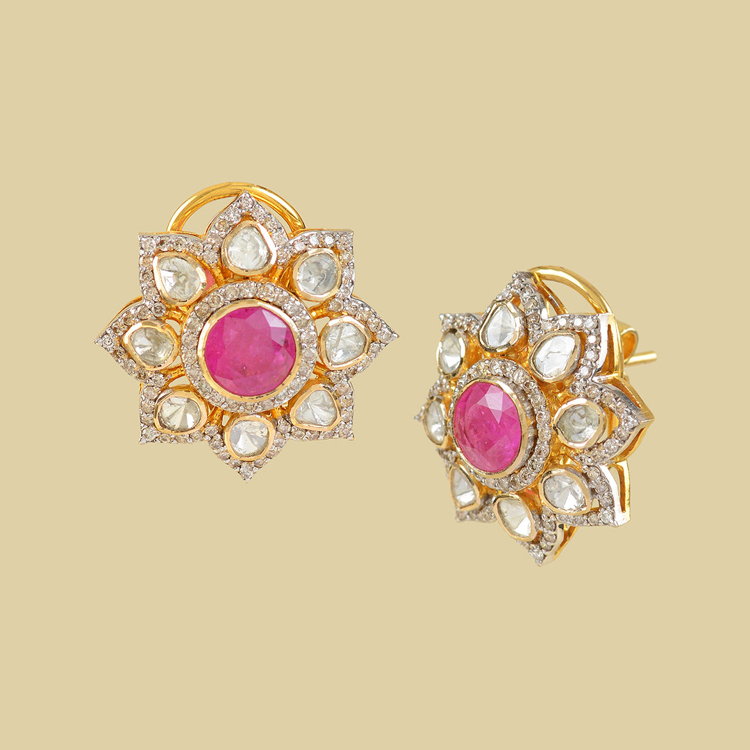 Polki Ruby Studed Earrings - Krishna Jewellers Pearls and Gems