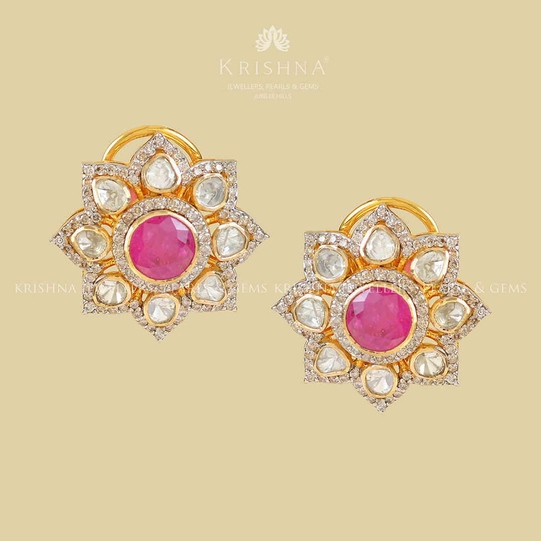 Polki Ruby Studed Earrings - Krishna Jewellers Pearls and Gems