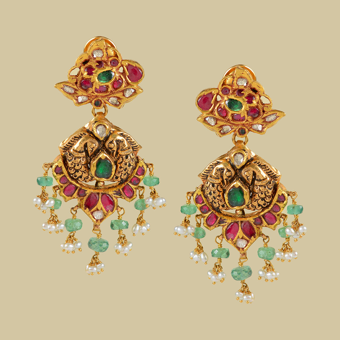 22k Gold Emerald Ruby Chandbali Earrings - Krishna Jewellers Pearls and Gems