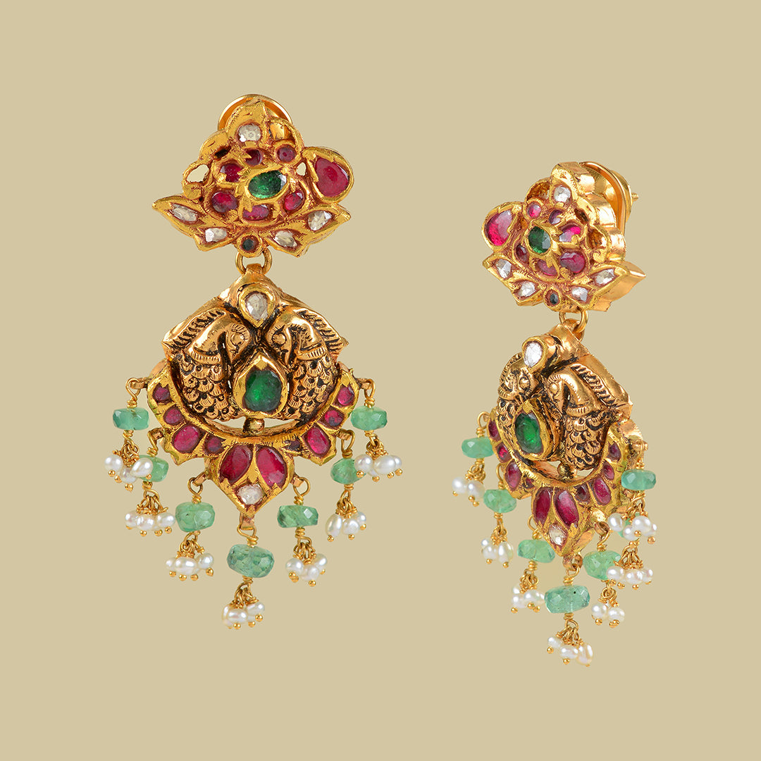 22k Gold Emerald Ruby Chandbali Earrings - Krishna Jewellers Pearls and Gems