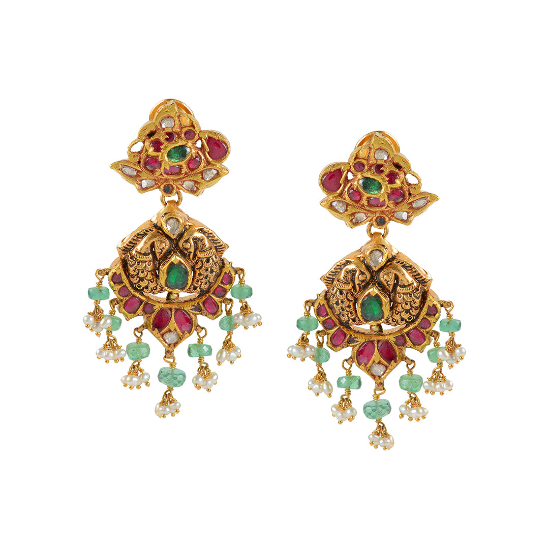 22k Gold Emerald Ruby Chandbali Earrings - Krishna Jewellers Pearls and Gems