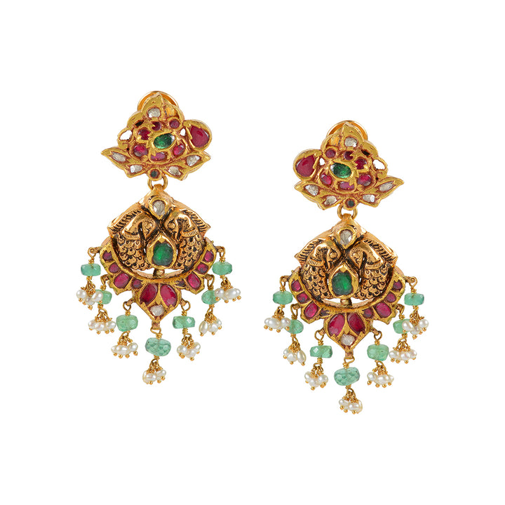 22k Gold Emerald Ruby Chandbali Earrings - Krishna Jewellers Pearls and Gems