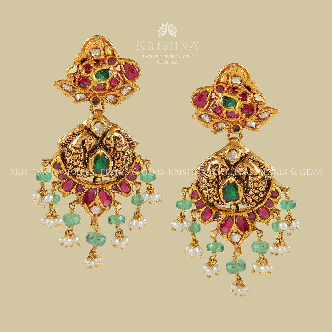 22k Gold Emerald Ruby Chandbali Earrings - Krishna Jewellers Pearls and Gems