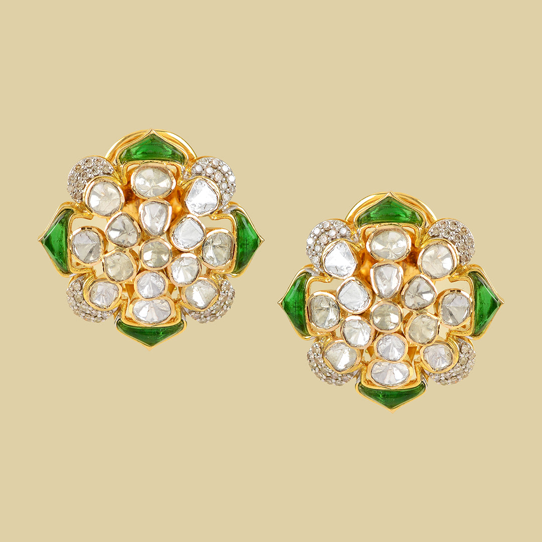 Polki Emerald 18k Studed Earrings - Krishna Jewellers Pearls and Gems