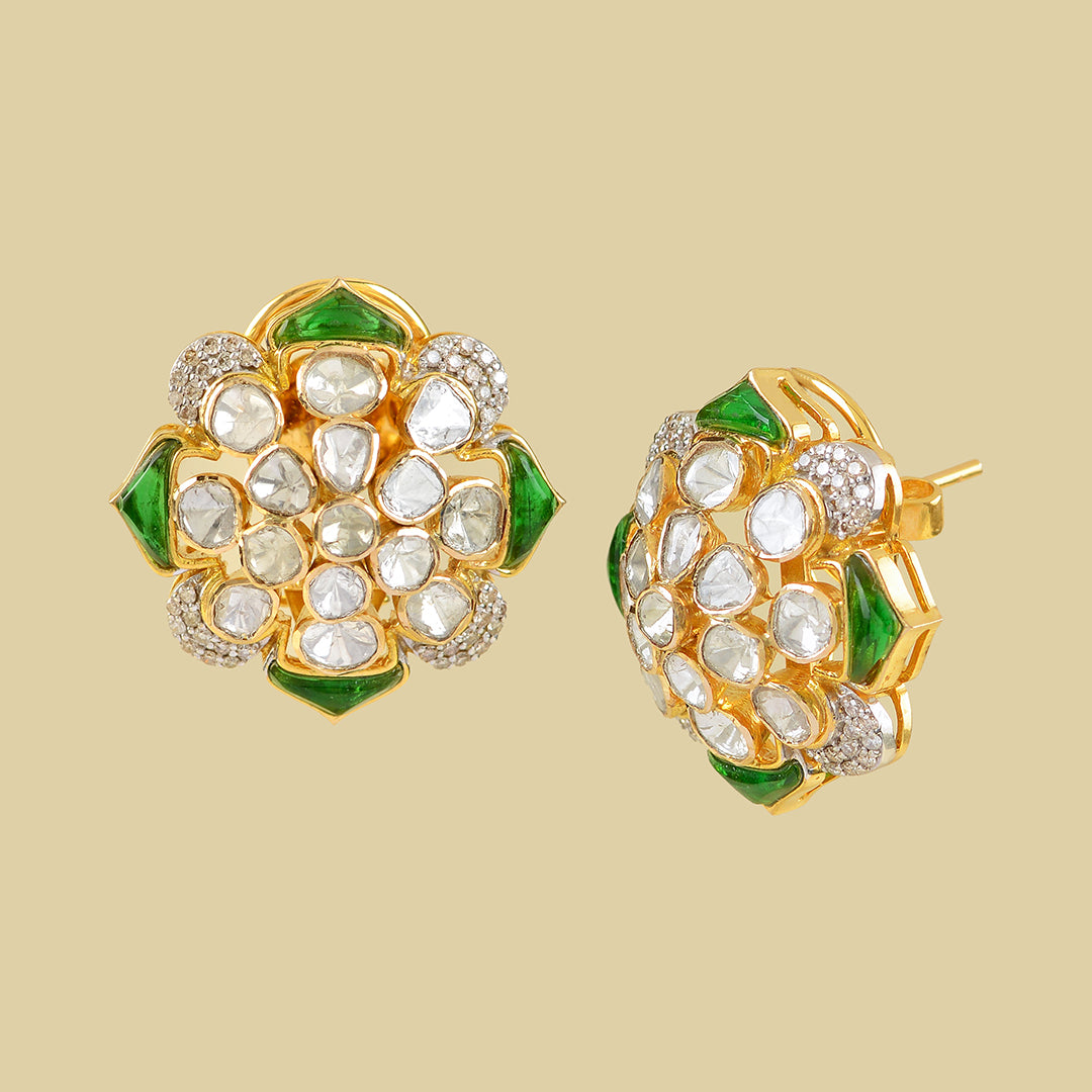Polki Emerald 18k Studed Earrings - Krishna Jewellers Pearls and Gems