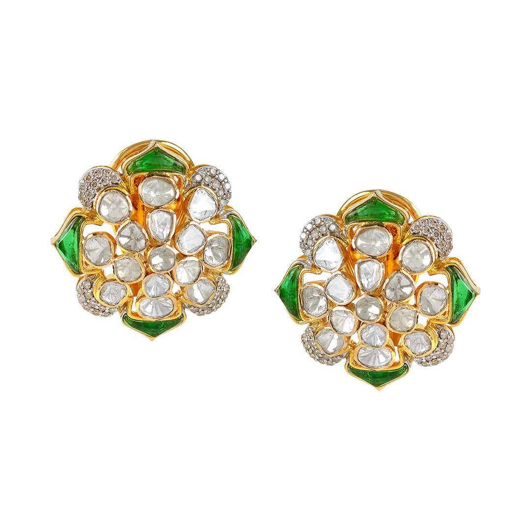 Polki Emerald 18k Studed Earrings - Krishna Jewellers Pearls and Gems