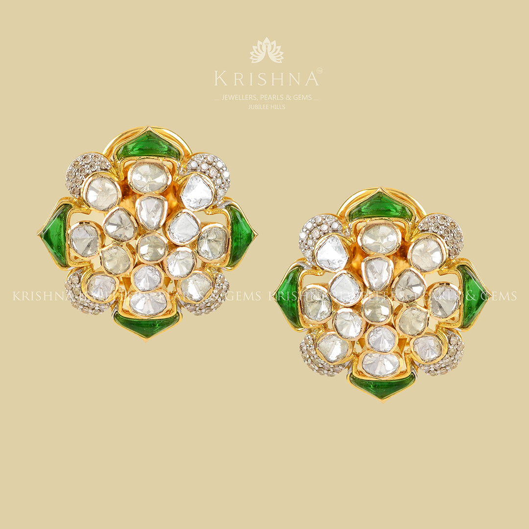 Polki Emerald 18k Studed Earrings - Krishna Jewellers Pearls and Gems