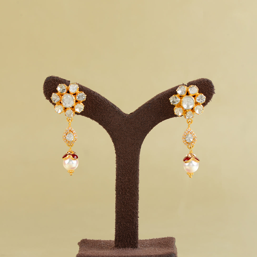 22k Gold Studed Pearl Hanging Earrings - Krishna Jewellers Pearls and Gems