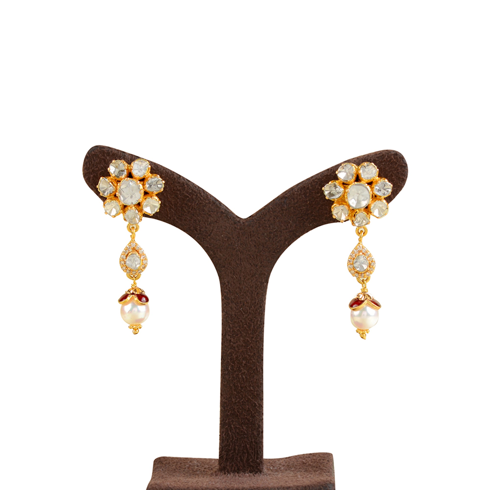 22k Gold Studed Pearl Hanging Earrings - Krishna Jewellers Pearls and Gems