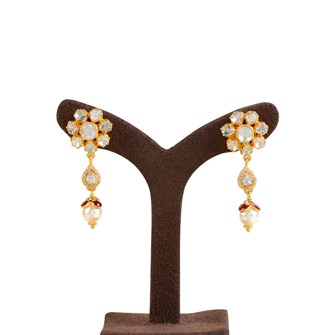 22k Gold Studed Pearl Hanging Earrings - Krishna Jewellers Pearls and Gems