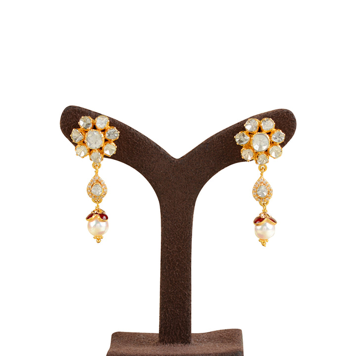 22k Gold Studed Pearl Hanging Earrings - Krishna Jewellers Pearls and Gems