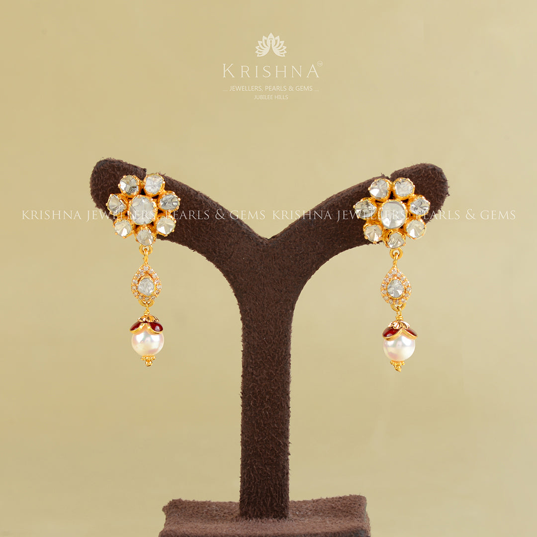 22k Gold Studed Pearl Hanging Earrings - Krishna Jewellers Pearls and Gems
