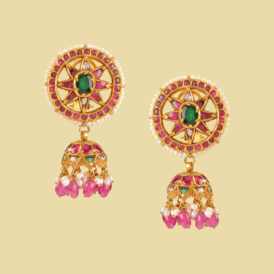 Gold Kundan Polki Jhumka Earrings - Krishna Jewellers Pearls and Gems