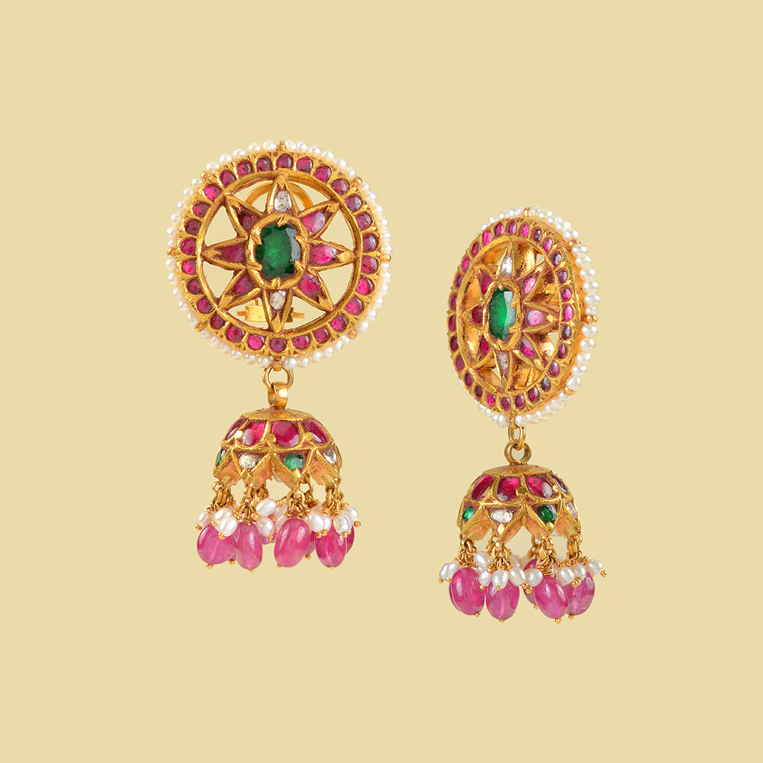 Gold Kundan Polki Jhumka Earrings - Krishna Jewellers Pearls and Gems