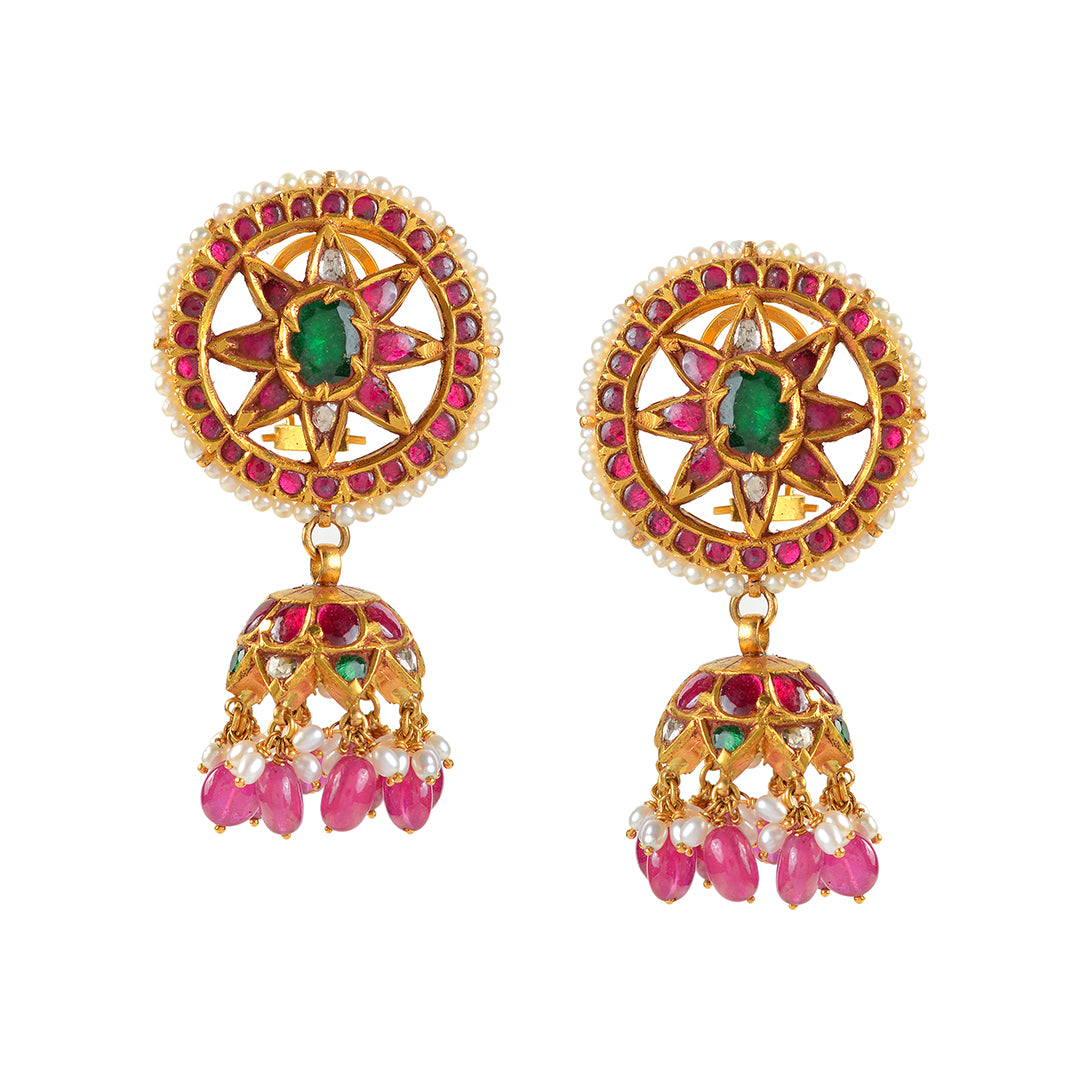 Gold Kundan Polki Jhumka Earrings - Krishna Jewellers Pearls and Gems