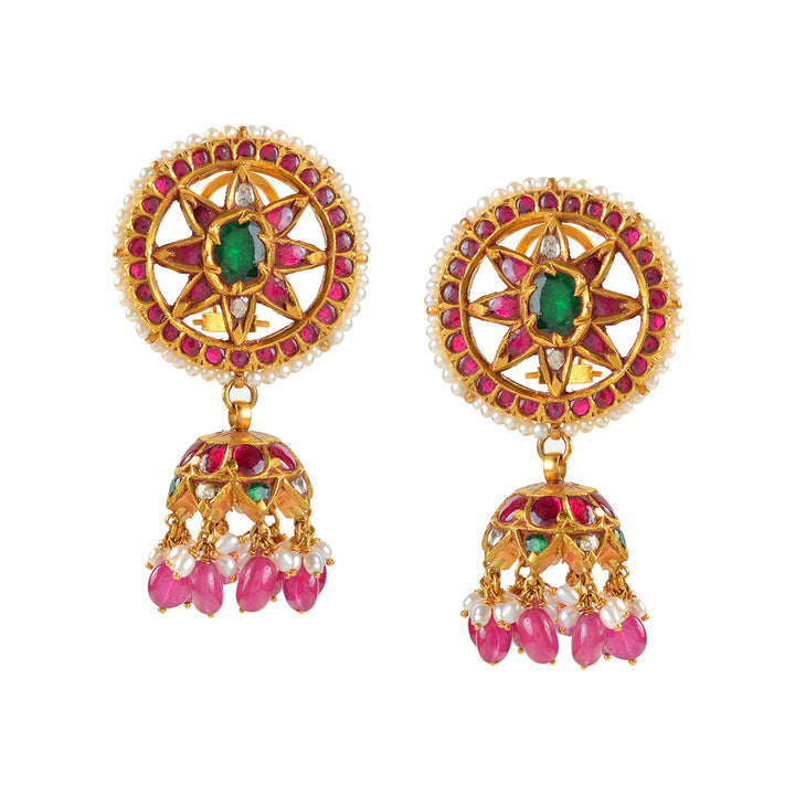 Gold Kundan Polki Jhumka Earrings - Krishna Jewellers Pearls and Gems