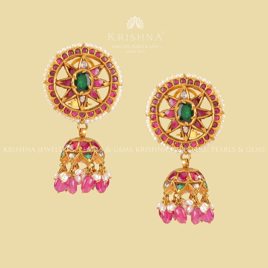Gold Kundan Polki Jhumka Earrings - Krishna Jewellers Pearls and Gems
