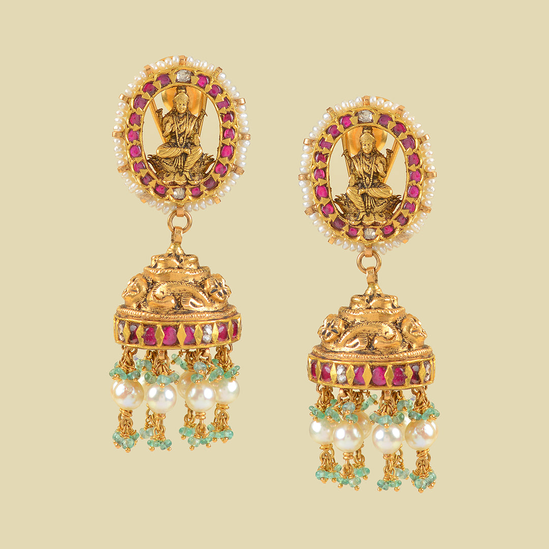 Laxmi Themed 22k Gold Kundan Jhumka Earrings - Krishna Jewellers Pearls and Gems