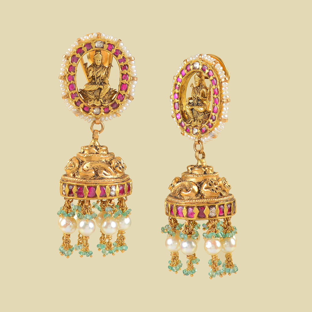 Laxmi Themed 22k Gold Kundan Jhumka Earrings - Krishna Jewellers Pearls and Gems