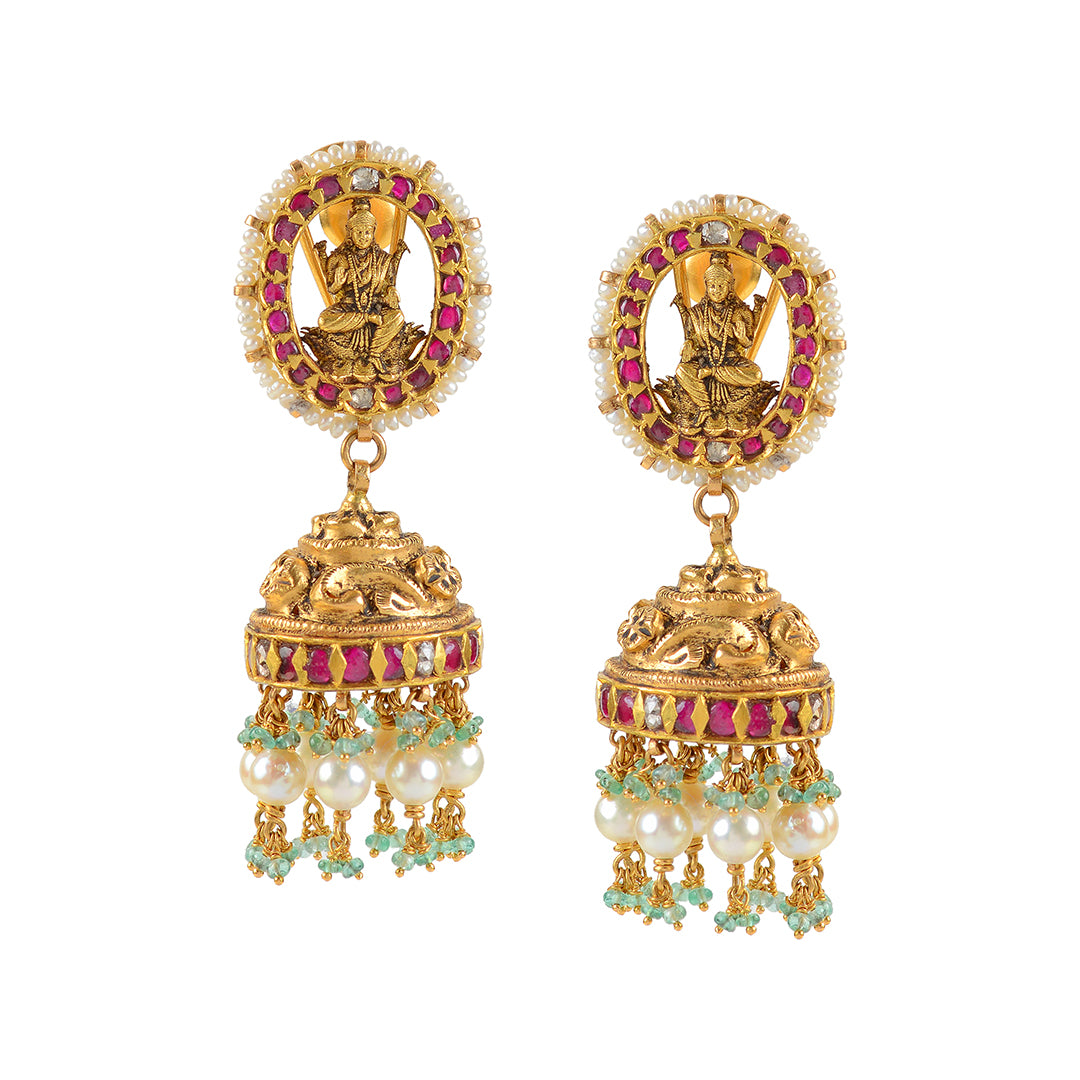 Laxmi Themed 22k Gold Kundan Jhumka Earrings - Krishna Jewellers Pearls and Gems