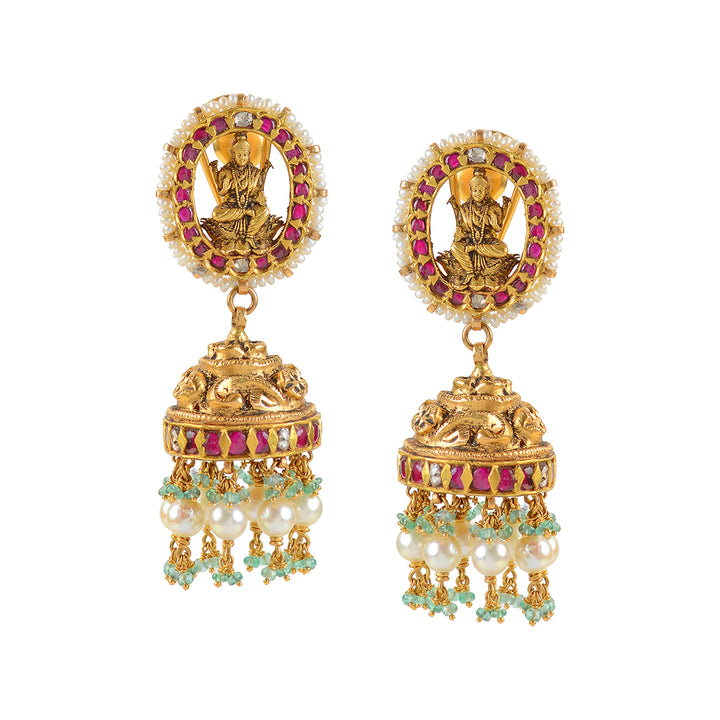 Laxmi Themed 22k Gold Kundan Jhumka Earrings - Krishna Jewellers Pearls and Gems