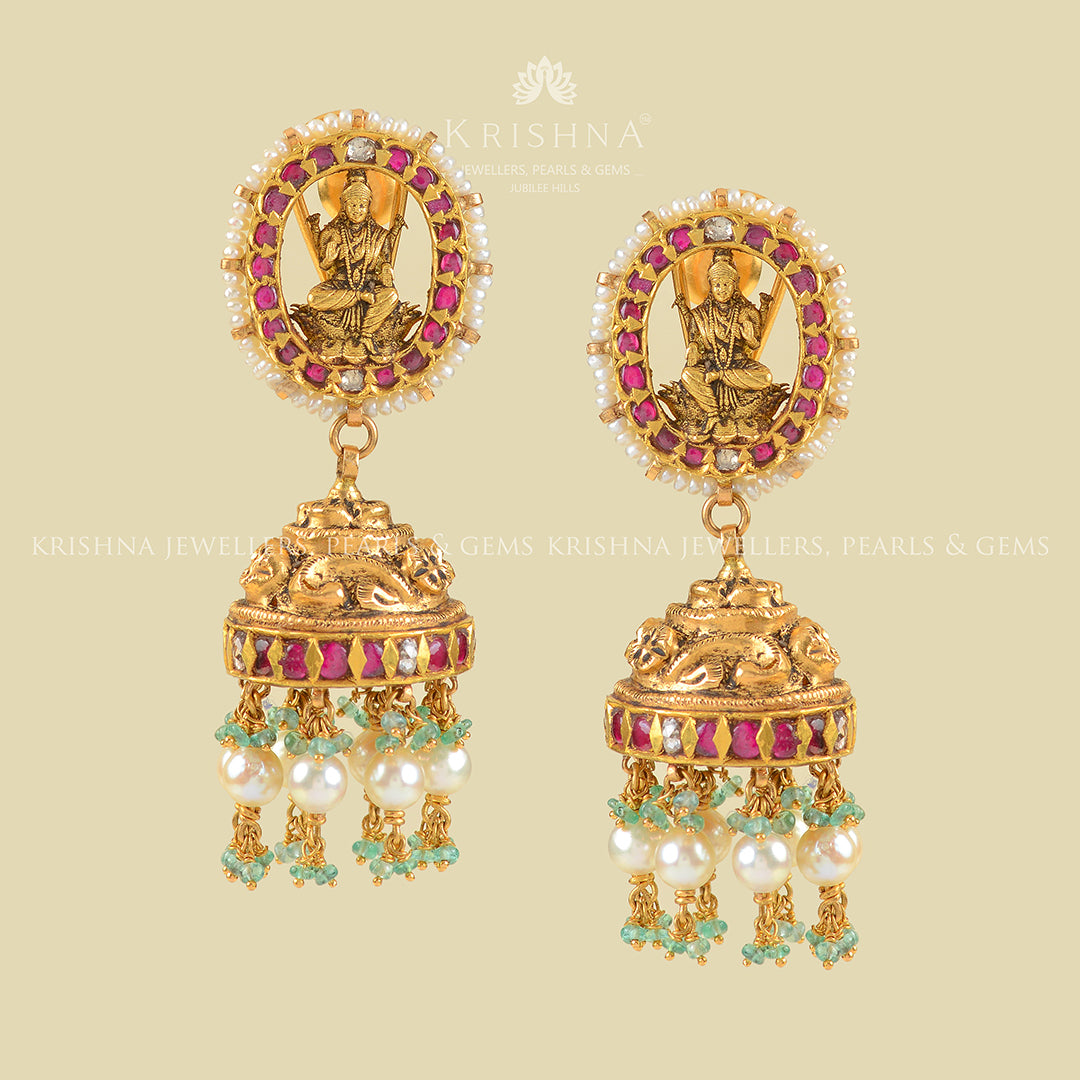 Laxmi Themed 22k Gold Kundan Jhumka Earrings - Krishna Jewellers Pearls and Gems