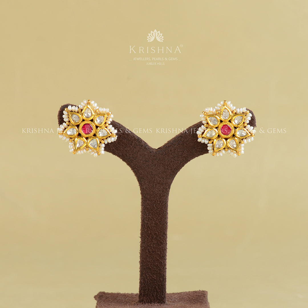 Star Shape Studed Polki Earrings - Krishna Jewellers Pearls and Gems