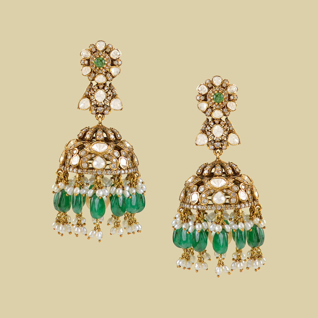Victorian Polki Jhumka Earrings - Krishna Jewellers Pearls and Gems
