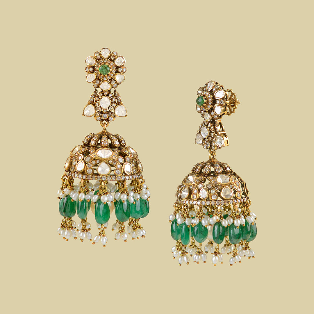 Victorian Polki Jhumka Earrings - Krishna Jewellers Pearls and Gems