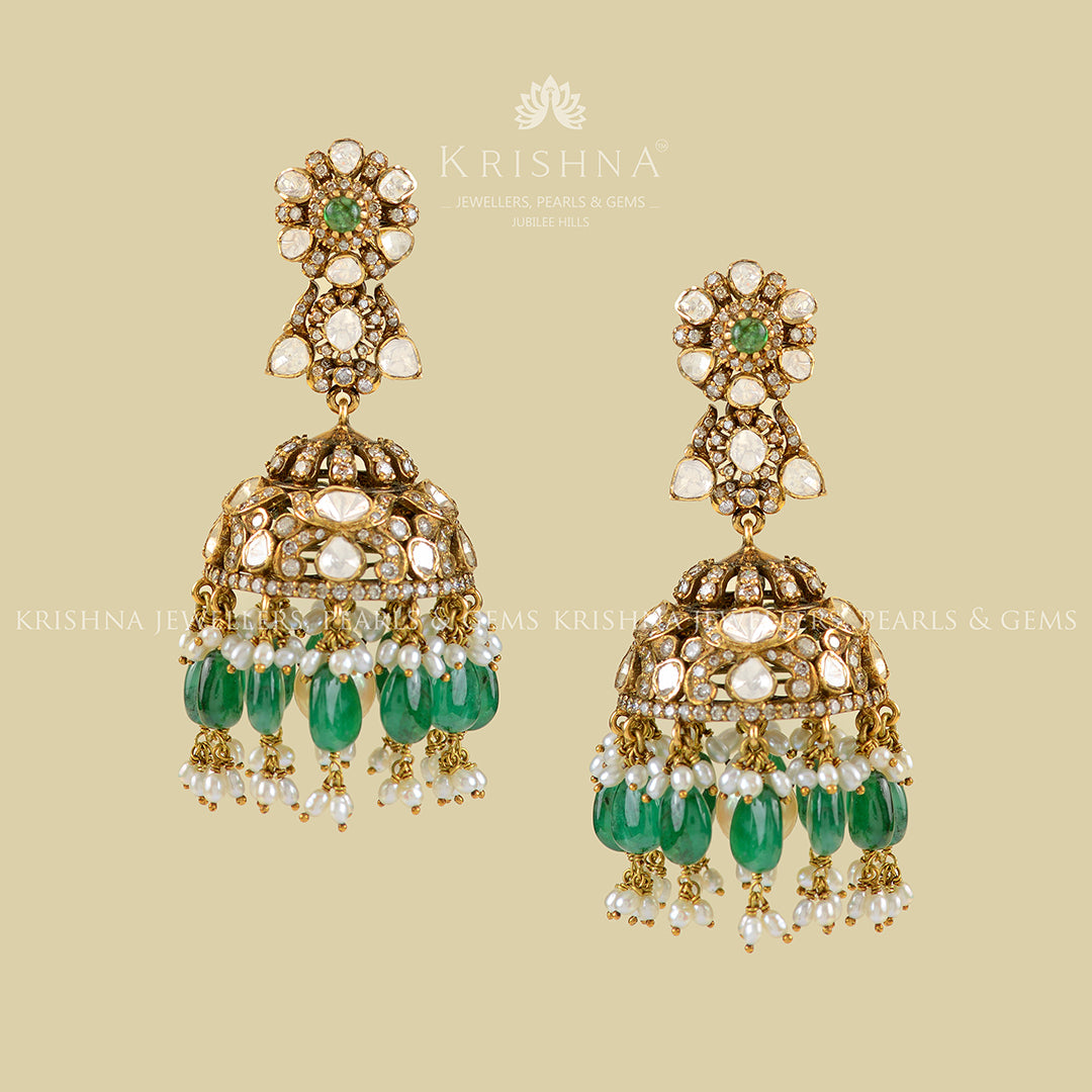 Victorian Polki Jhumka Earrings - Krishna Jewellers Pearls and Gems