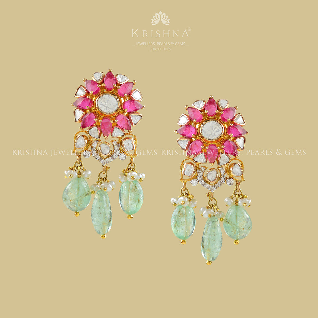 Gold Ruby Polki Earrings - Krishna Jewellers Pearls and Gems