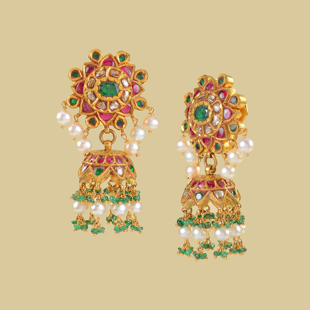 Gold Kundan Ruby Polki Jhumka Earrings - Krishna Jewellers Pearls and Gems