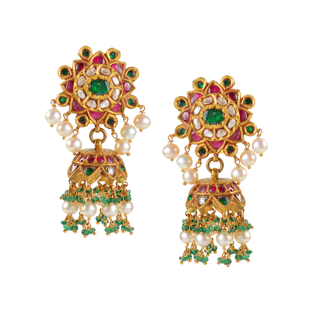 Gold Kundan Ruby Polki Jhumka Earrings - Krishna Jewellers Pearls and Gems