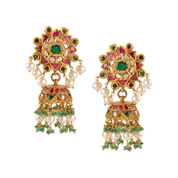 Gold Kundan Ruby Polki Jhumka Earrings - Krishna Jewellers Pearls and Gems