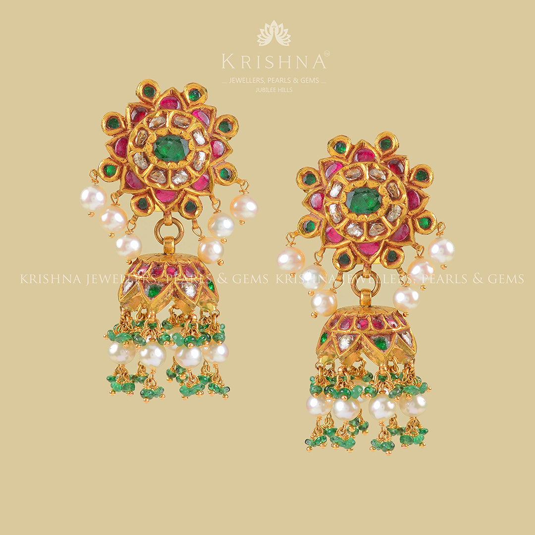 Gold Kundan Ruby Polki Jhumka Earrings - Krishna Jewellers Pearls and Gems