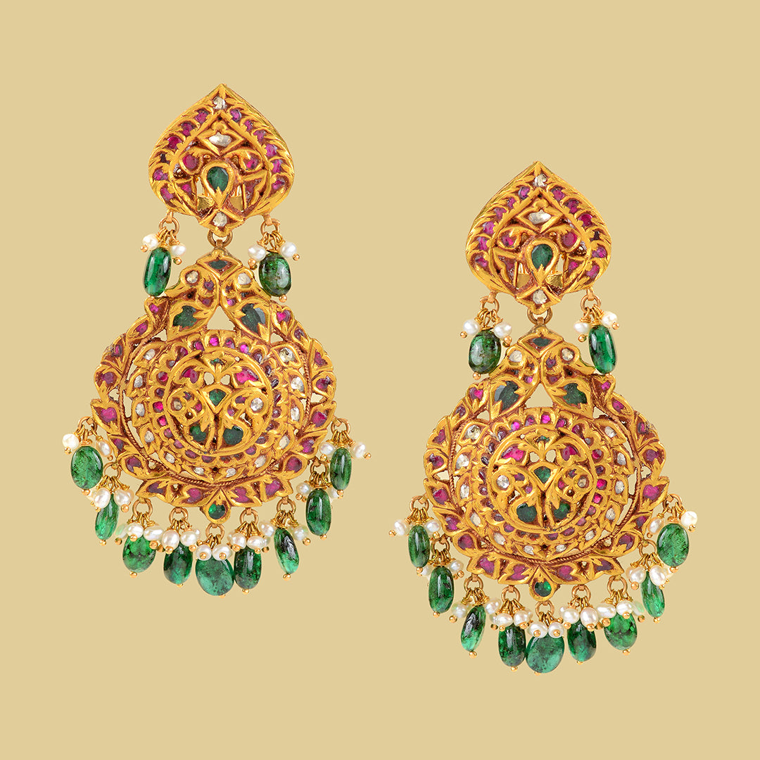 22k Gold Kundan Polki Hanging Earrings - Krishna Jewellers Pearls and Gems