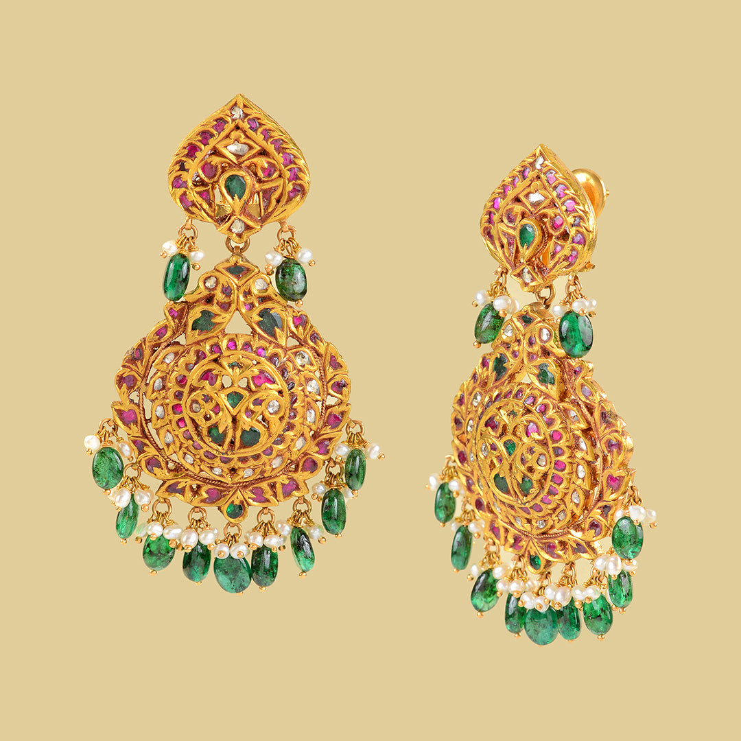 22k Gold Kundan Polki Hanging Earrings - Krishna Jewellers Pearls and Gems