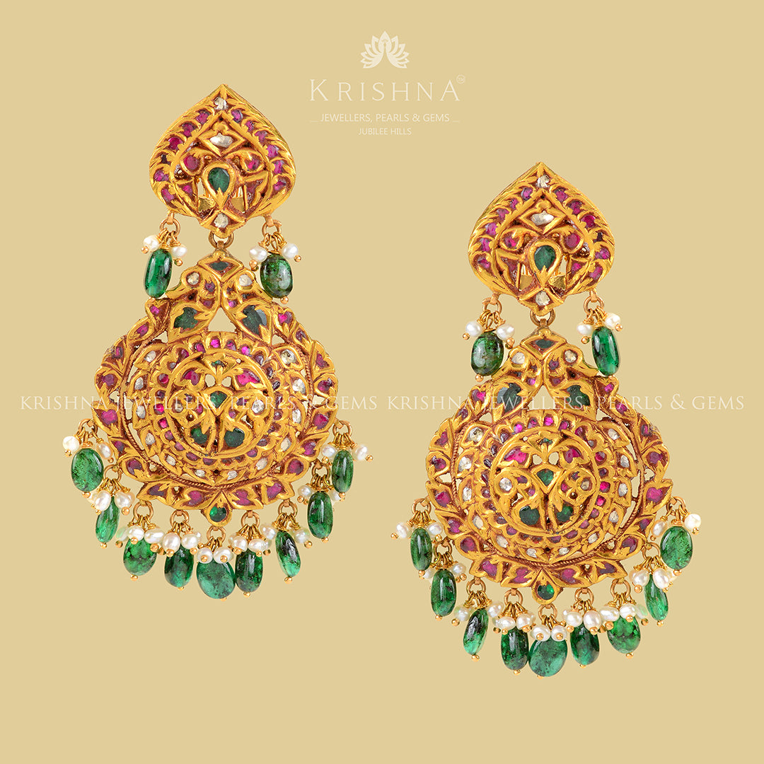 22k Gold Kundan Polki Hanging Earrings - Krishna Jewellers Pearls and Gems