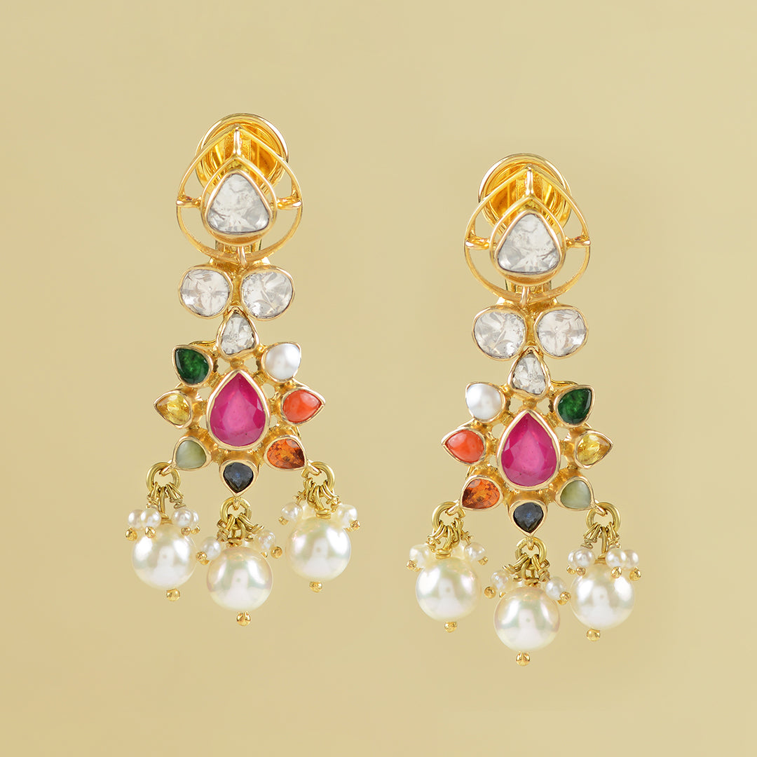 14K Gold Polki Navarthna Stones Earrings - Krishna Jewellers Pearls and Gems