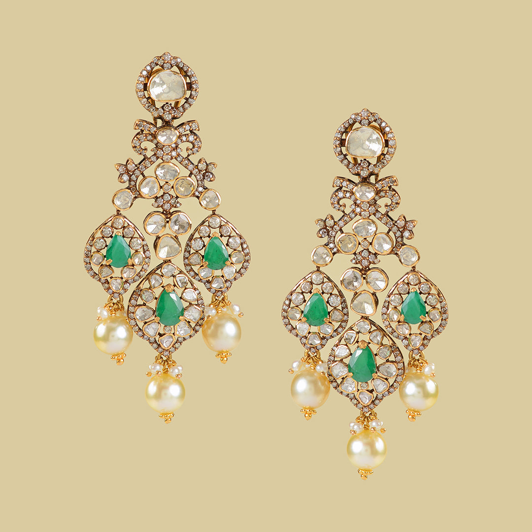 22k Gold Polki Emerald Hanging Earrings - Krishna Jewellers Pearls and Gems