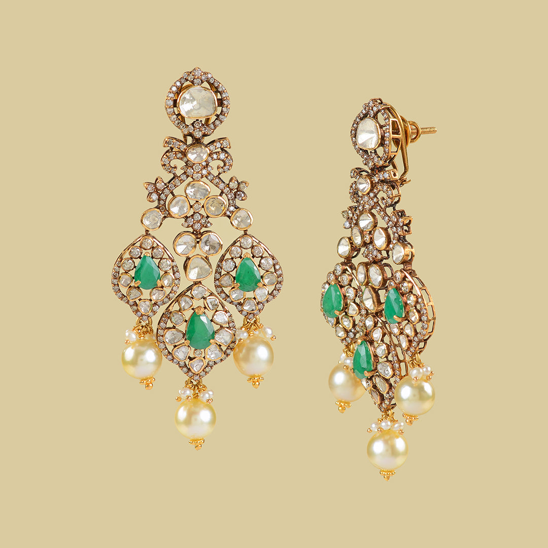 22k Gold Polki Emerald Hanging Earrings - Krishna Jewellers Pearls and Gems