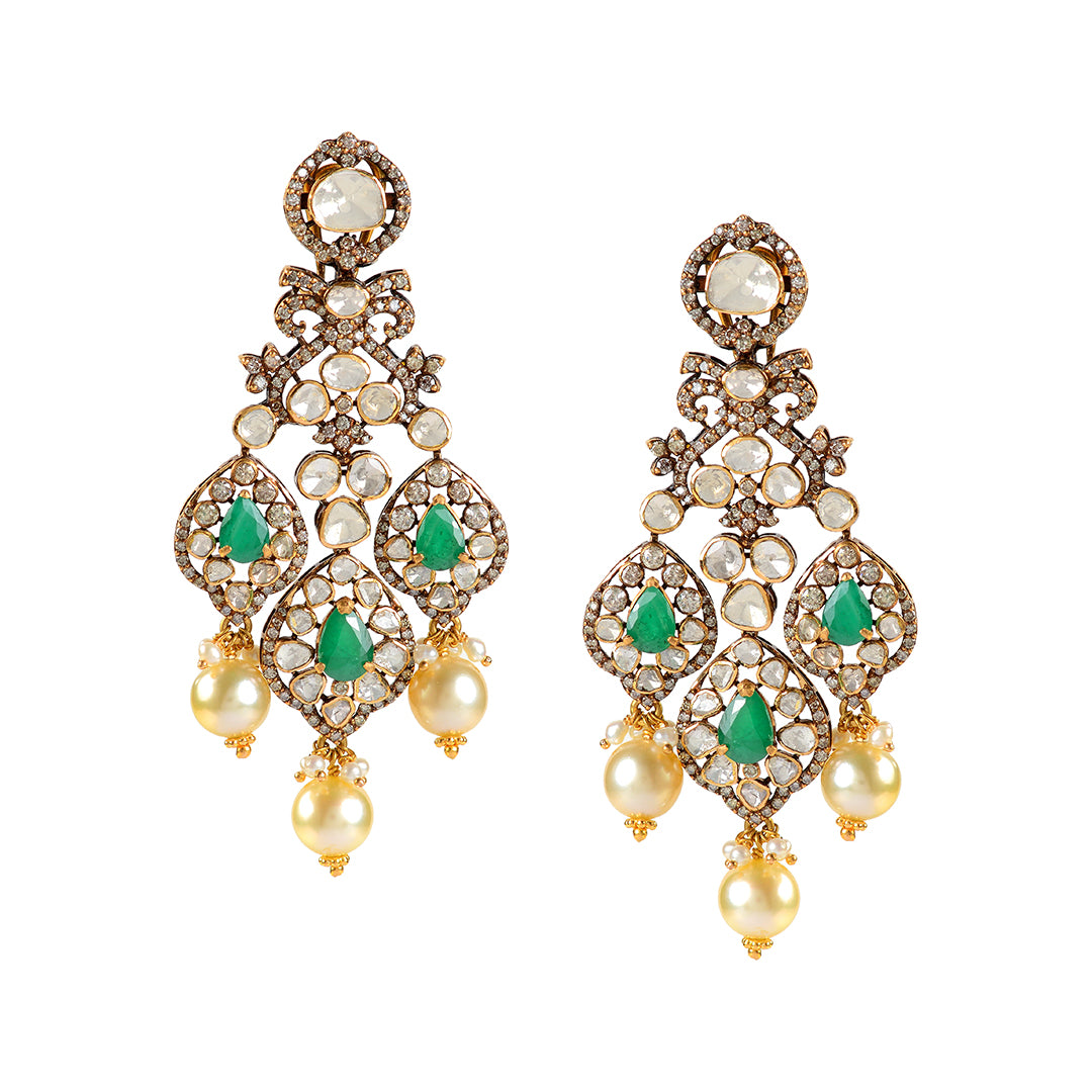 22k Gold Polki Emerald Hanging Earrings - Krishna Jewellers Pearls and Gems
