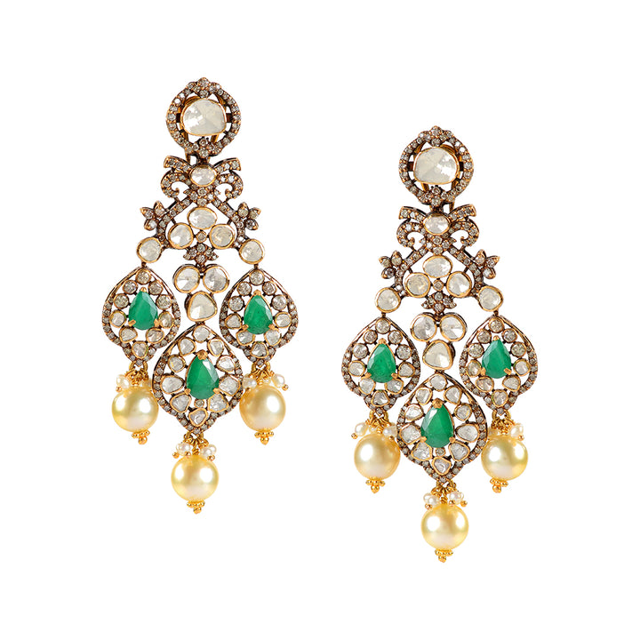 22k Gold Polki Emerald Hanging Earrings - Krishna Jewellers Pearls and Gems