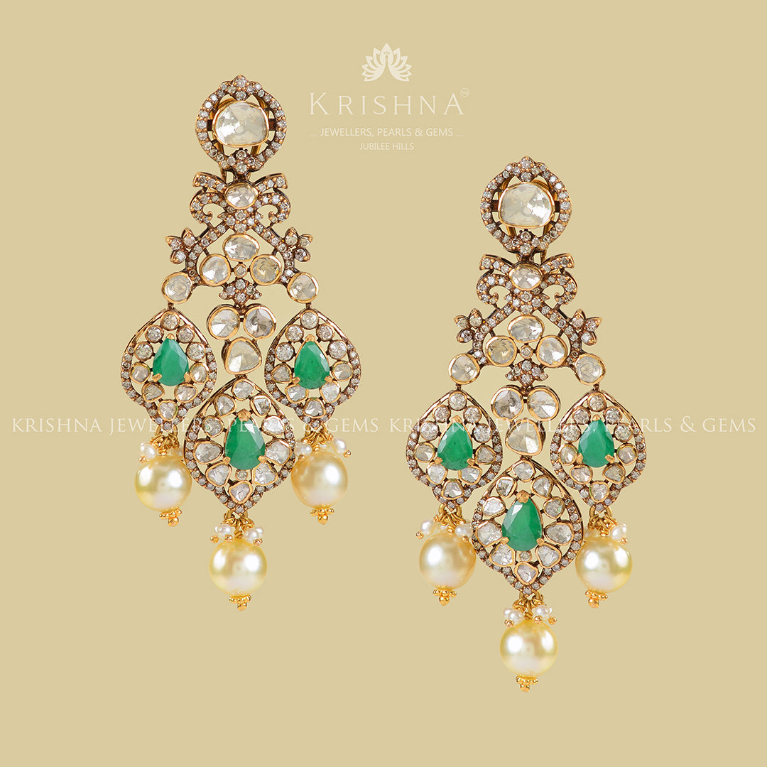 22k Gold Polki Emerald Hanging Earrings - Krishna Jewellers Pearls and Gems