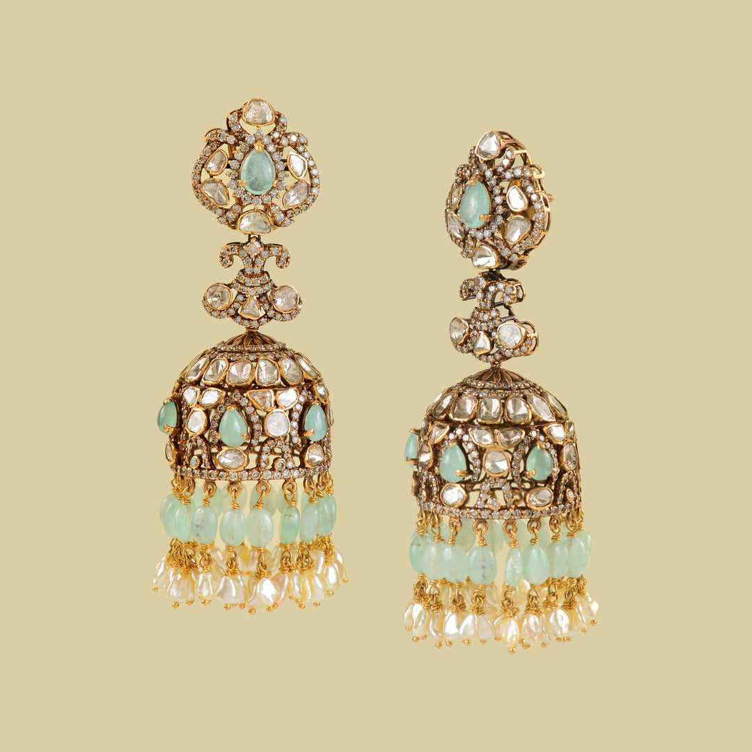 Victorian Emerald Polki Jhumka Earrings - Krishna Jewellers Pearls and Gems