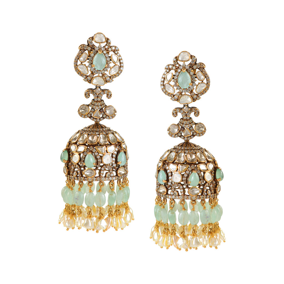 Victorian Emerald Polki Jhumka Earrings - Krishna Jewellers Pearls and Gems